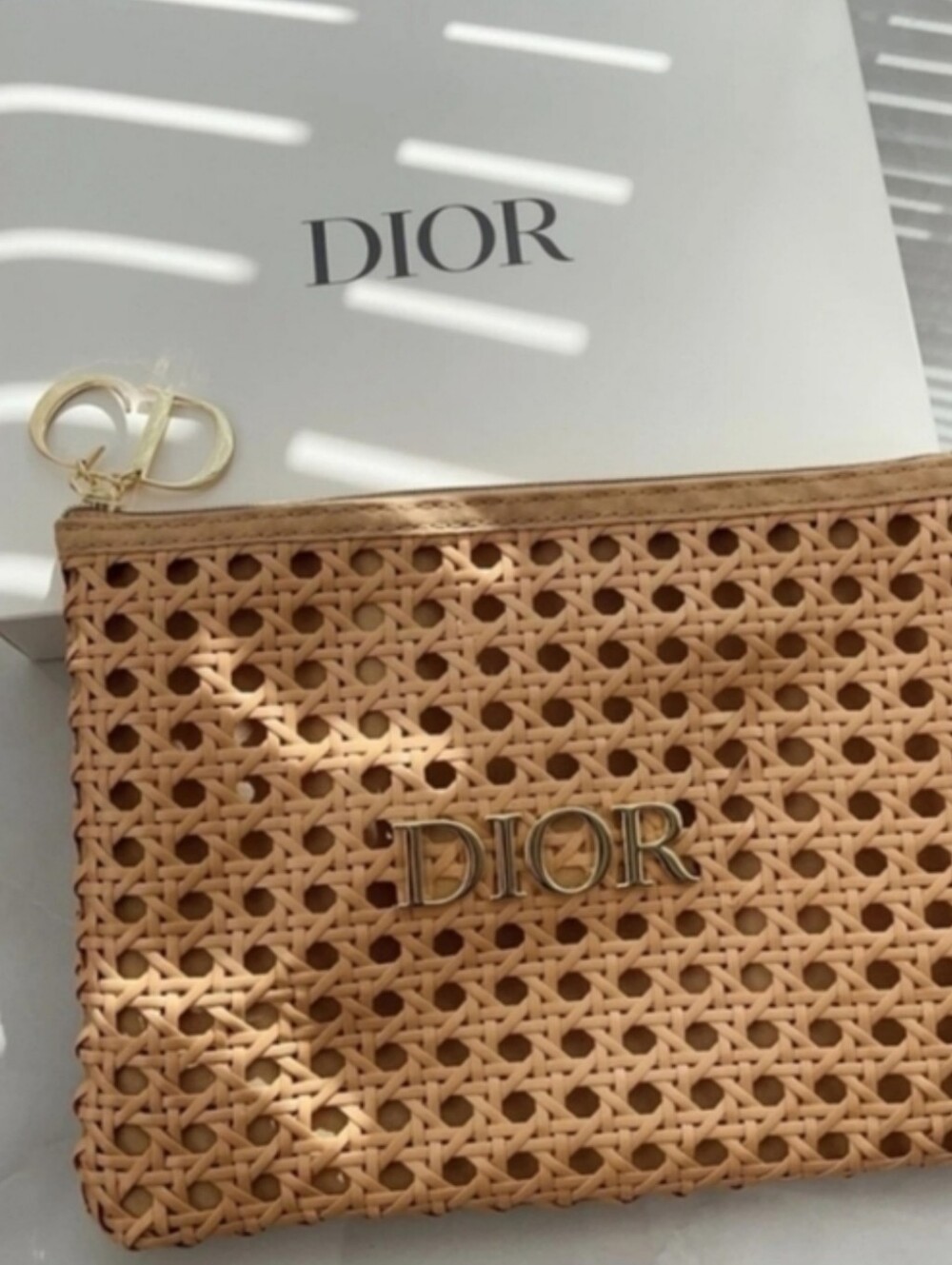 Dior 2026 Woven Tan Rattan Clutch with Gold Logo